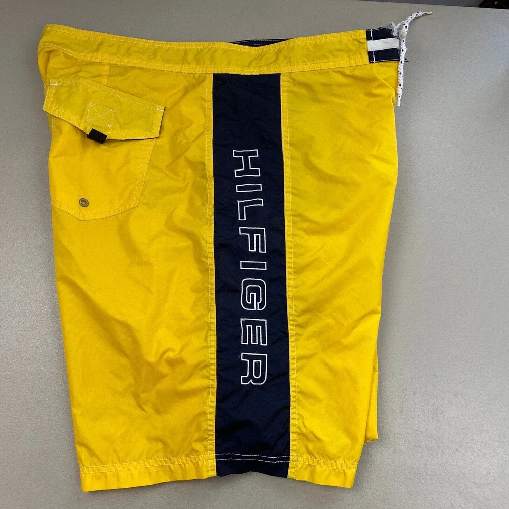 Vintage Tommy Hilfiger Board Shorts Men XL Spell Out Logo Color Block Yellow Y2K